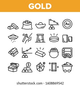 Iconos De La Colección De Metales De Joyas Doradas Juego Vector Línea Delgada. Caja Fuerte Con Bares De Oro, Oro Minero, Bolsa Y Vat Con Moneda, Carrito De Minas Y Pictogramas Lineales De Concepto. Ilustraciones de contorno monocromo