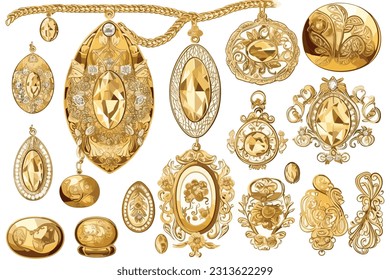 Gold jewelry on white background vector art painting.