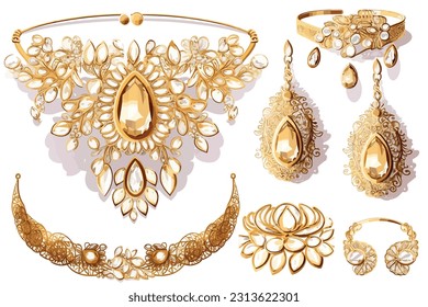 Gold jewelry on white background vector art painting.