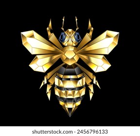 Gold, jewelry, polygonal bee with golden sparkling wings on black background. Polygonal style animal.Golden bee.