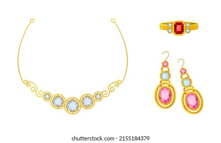 Gold jewelry set. Beautiful earrings, ring and necklace with gemstones cartoon vector illustration