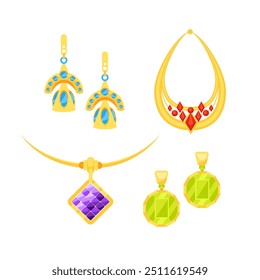 Gold jewelry set with colorful gemstones is sparkling on white background, creating luxurious accessories concept