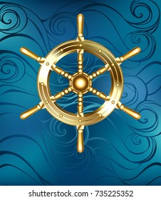 Gold jewelry, shiny steering ship wheel on sea blue background.