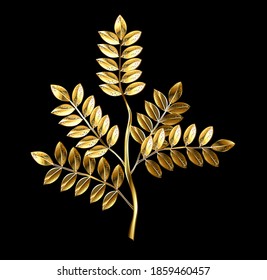 Gold, jewelry sprig on black background.