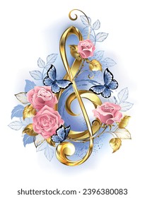 Gold, jewelry, treble clef decorated with delicate, artistically painted pink roses with fluttering blue butterflies. Hand drawn vector art.