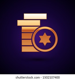 Gold Jewish coin icon isolated on dark blue background. Currency symbol.  Vector Illustration