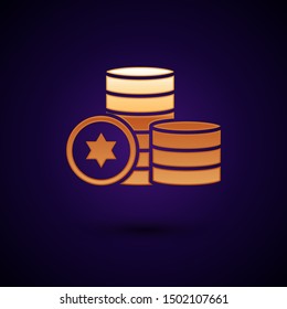 Gold Jewish coin icon isolated on dark blue background. Currency symbol.  Vector Illustration