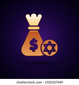 Gold Jewish money bag with star of david and coin icon isolated on dark blue background. Currency symbol.  Vector Illustration