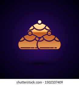 Gold Jewish sweet bakery icon isolated on dark blue background. Hanukkah sufganiyot. Jewish easter cake.  Vector Illustration