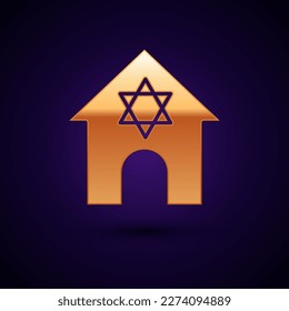 Gold Jewish synagogue building or jewish temple icon isolated on black background. Hebrew or judaism construction with David star.  Vector