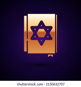 Gold Jewish Torah Book Icon Isolated On Black Background. Pentateuch Of Moses. On The Cover Of The Bible Is The Image Of The Star Of David.  Vector