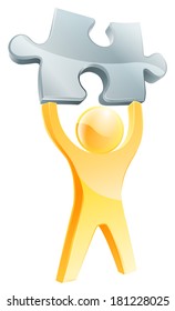Gold jigsaw person concept of a human figure holding up a silver jigsaw piece