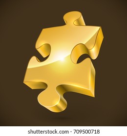 Gold jigsaw puzzle piece on dark brown background. Vector illustration.