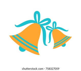 Gold jingle bells with blue ribbons tied in bows isolated cartoon flat vector illustration on white background. Festive Christmas symbolic objects.