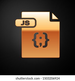 Gold JS file document. Download js button icon isolated on black background. JS file symbol.  Vector Illustration