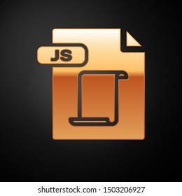Gold JS file document. Download js button icon isolated on black background. JS file symbol.  Vector Illustration