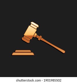 Gold Judge gavel icon isolated on black background. Gavel for adjudication of sentences and bills, court, justice, with a stand. Auction hammer. Long shadow style. Vector.