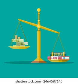 Gold Justice scales with dollar cash, coins and law, order books. making decision beetwin money and law. vector illustration in flat style on green background