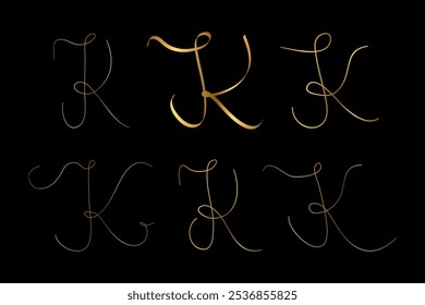 Gold K Letter Initial Cursive Hand Written Calligraphic Alphabet Set for Logo Brand