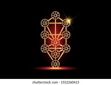 Gold Kabbalah Tree of Life vector icon symbol design. Illustration isolated on black background. Luxury Golden sign. Main glyph of the Qabalists , Secrets of the Menorah, sacred geometry logo