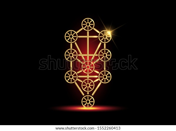 Gold Kabbalah Tree of Life vector icon symbol
design. Illustration isolated on black background. Luxury Golden
sign. Main glyph of the Qabalists , Secrets of the Menorah, sacred
geometry logo