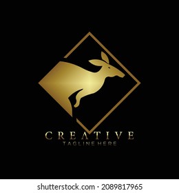 Gold kangaroo icon in rhombus line, logo design template