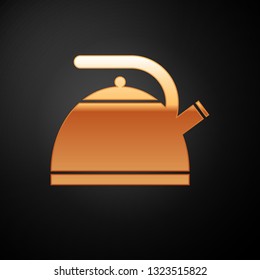 Gold Kettle with handle icon isolated on black background. Teapot icon. Vector Illustration