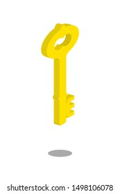 Gold key 3d. Flat style. Isolated on white background.