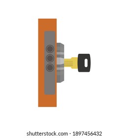 A gold key with a black tip that is inserted into a steel lock found in a wooden door