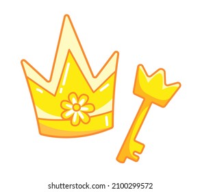 gold key and crown. Cartoon cute princess set. Vector colored with outline in fantasy style