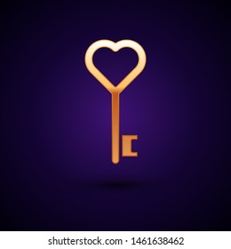 Gold Key in heart shape icon isolated on dark blue background.  Vector Illustration