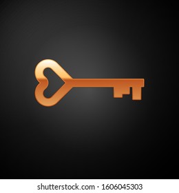 Gold Key in heart shape icon isolated on black background. Valentines day symbol.  Vector Illustration
