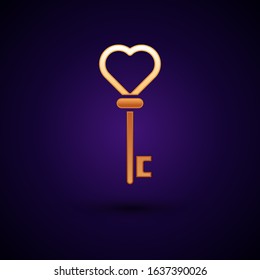 Gold Key in heart shape icon isolated on dark blue background.  Vector Illustration