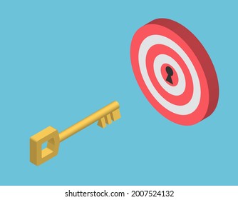 Gold key hit to center of dartboard. Unlock bullseye in target. Business success, investment goal, marketing challenge, financial strategy, purpose achievement, focus idea concept. 3d isometric vector