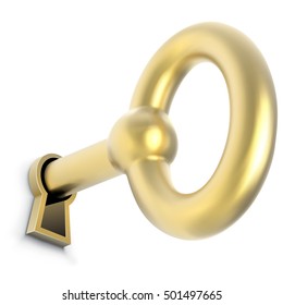 Gold key inserted in door keyhole vector illustration. Unlocking the way to the success or wealth concept image.