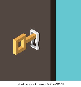 Gold key in keyhole and wooden door opening on turquoise blue background. Success, solution, opportunity and safety concept. Flat design. EPS 8 vector illustration, no transparency, no gradients