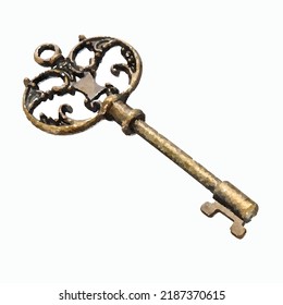 Llave dorada sobre fondo blanco. Imagen vectorial de clave vintage. Claves retro dibujadas a mano. Tecla antigua. Estilo de caricatura clave. Ilustración de las teclas de color agua. Imagen para logo, tarjeta de felicitación y diseño.