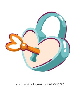 Gold key to open cartoon lock in shape of heart. Funny secret blue padlock with keyhole to unlock. Valentines day, safety mascot, cartoon cute classic lock in love symbol vector illustration