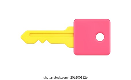 Gold key with pink head 3d icon. Modern sign of protection and security used in web design. Device with which the lock is opened. Protection and security of property. Realistic isolated vector