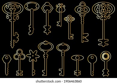 Claves de oro en un fondo negro. Juego de llaves amarillas. Símbolo de protección. Ilustración vectorial vintage. Imagen de archivo.