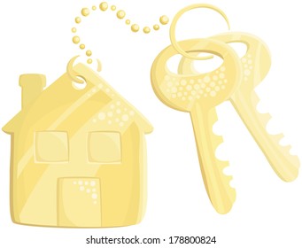 gold keys with trinket shaped house. Vector 
