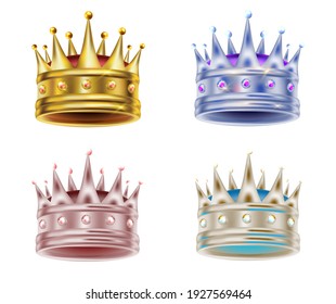 Gold king crown, 3d vector color set isolated on white background.