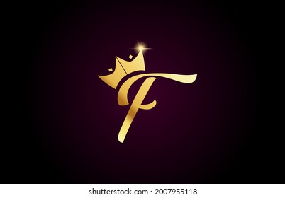 gold king crown F creative handwritten alphabet letter logo for branding and business. Design for lettering and corporate identity with golden icon template