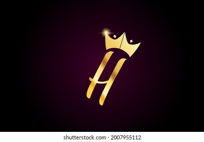 gold king crown H creative handwritten alphabet letter logo for branding and business. Design for lettering and corporate identity with golden icon template