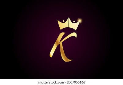 gold king crown K creative handwritten alphabet letter logo for branding and business. Design for lettering and corporate identity with golden icon template
