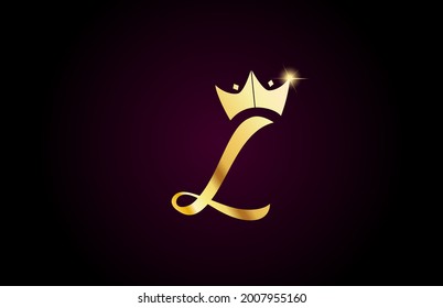 gold king crown L creative handwritten alphabet letter logo for branding and business. Design for lettering and corporate identity with golden icon template