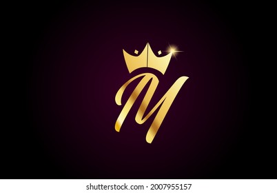 corona dorada M letra manuscrita creativa logotipo para marca y negocios. Diseño para el grabado y la identidad corporativa con una plantilla de iconos dorados