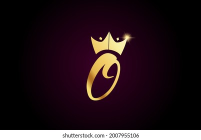 gold king crown O creative handwritten alphabet letter logo for branding and business. Design for lettering and corporate identity with golden icon template