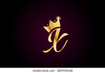 gold king crown X creative handwritten alphabet letter logo for branding and business. Design for lettering and corporate identity with golden icon template