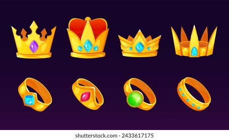 Corona y anillo de oro rey y reina con piedras preciosas y almohada roja. Conjunto de ilustración vectorial de dibujos animados de joyería real preciosa medieval. Iconos del tesoro dorado y del inventario del reino antiguo del juego de ui.